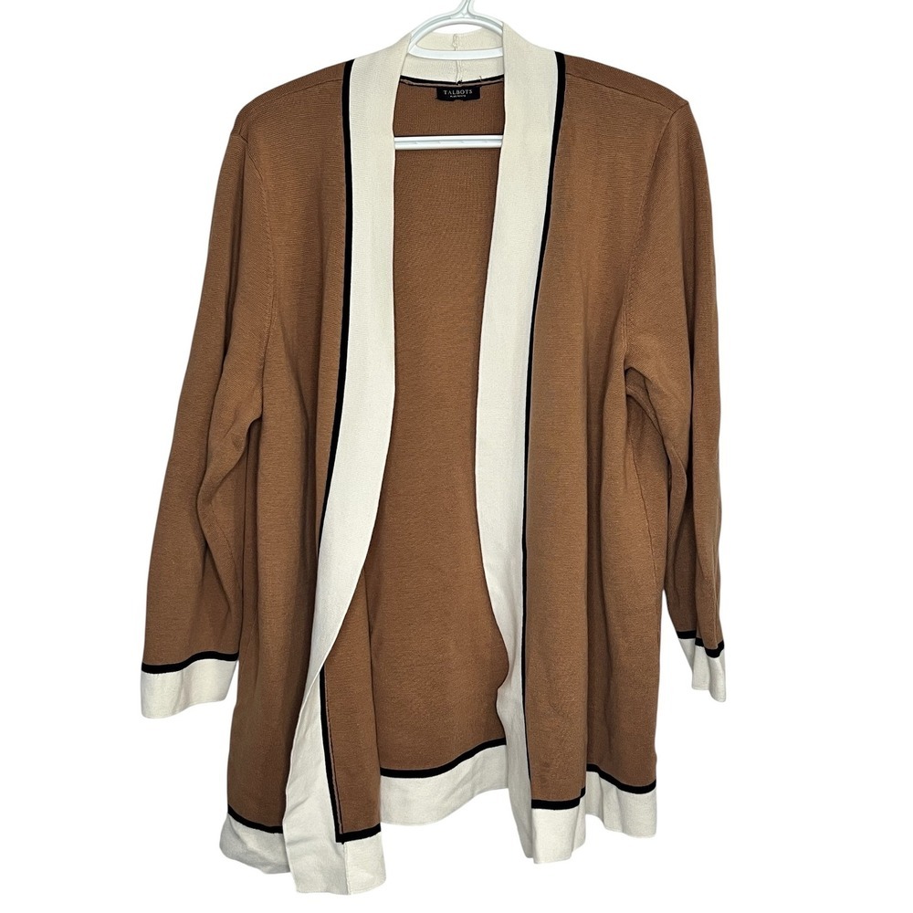 Talbots Plus Petite Cardigan Sweater Camel Brown Colorblock Open Front Knit